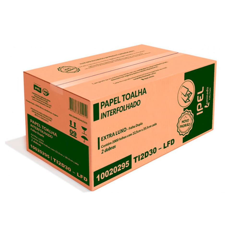 Toalha de papel 22,5x20,5 branca folha dupla 2 dobras ipel laminado 30 gramas caixa com 2000 folhas