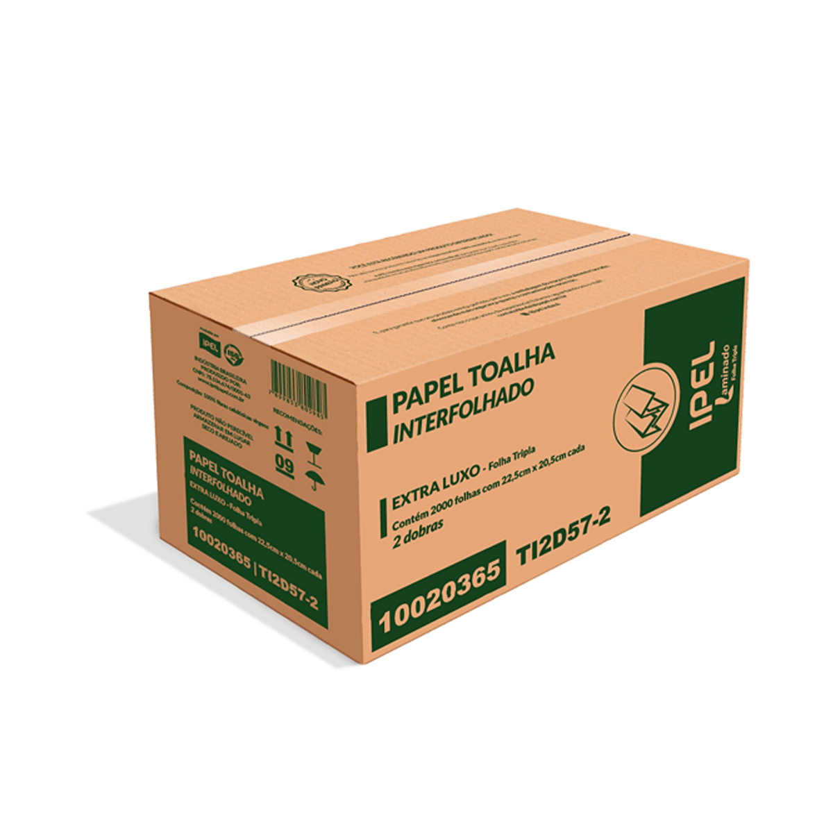 Toalha de papel 22,5x20,5 branca folha tripla 2 dobras ipel elx 57 gramas caixa com 2000 folhas