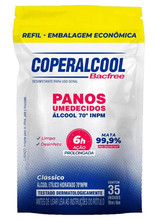 Refil pano limpeza umedecido com alcool 70 bacfree classic coperalcool