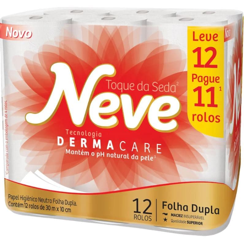 Papel higienico em rolo 30 metros folha dupla Neve Leve 12 pague 11