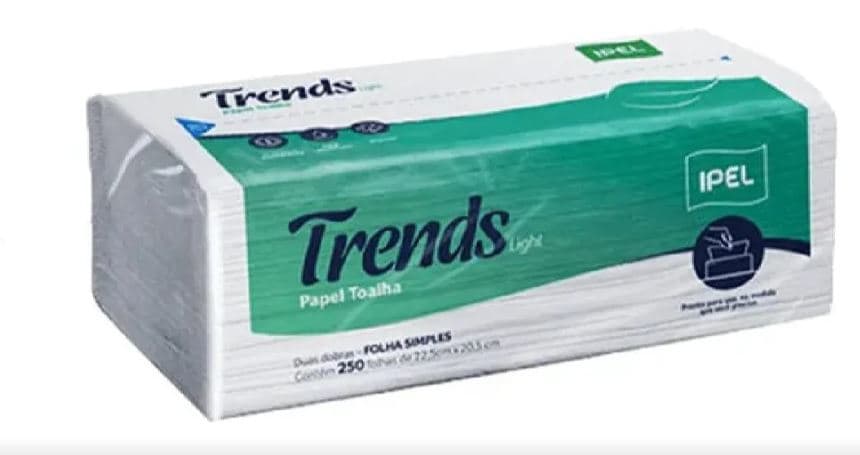 Toalha papel 22,5x20,5 folha simples ipel trends light 24 gramas pacote com 250 caixa com 5000 unidades