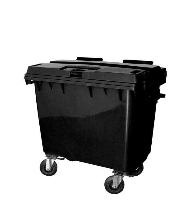 Lixeira 660 litros preta com tampa e quatro rodas.