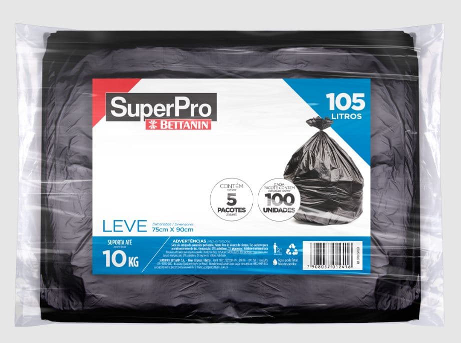 Saco lixo preto 75x90 leve superpro suporta 10 quilos SP18105PLA pacote com 100 unidades