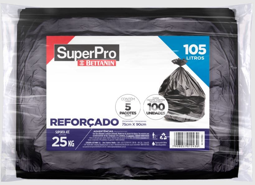 Saco lixo preto 75x90 reforcado superpro suporta 25 quilos SP18105PRA pacote com 100 unidades