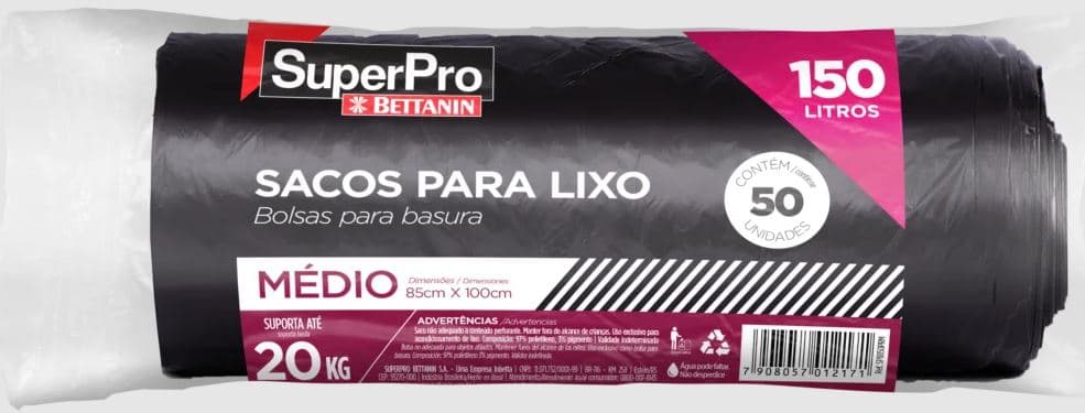 Saco lixo preto 85x100 medio superpro suporta 20 quilos SP18150PMA pacote com 50 unidades
