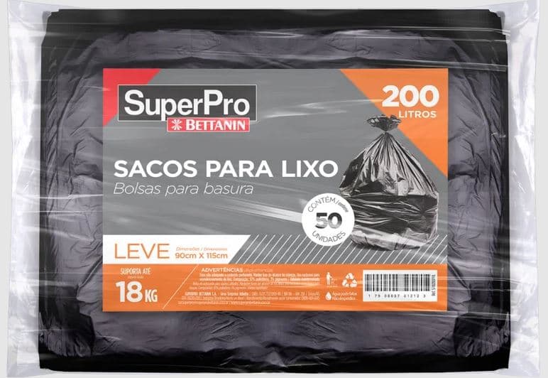 Saco lixo preto 90x115 leve superpro suporta 18 quilos SP18250LAN pacote com 50 unidades